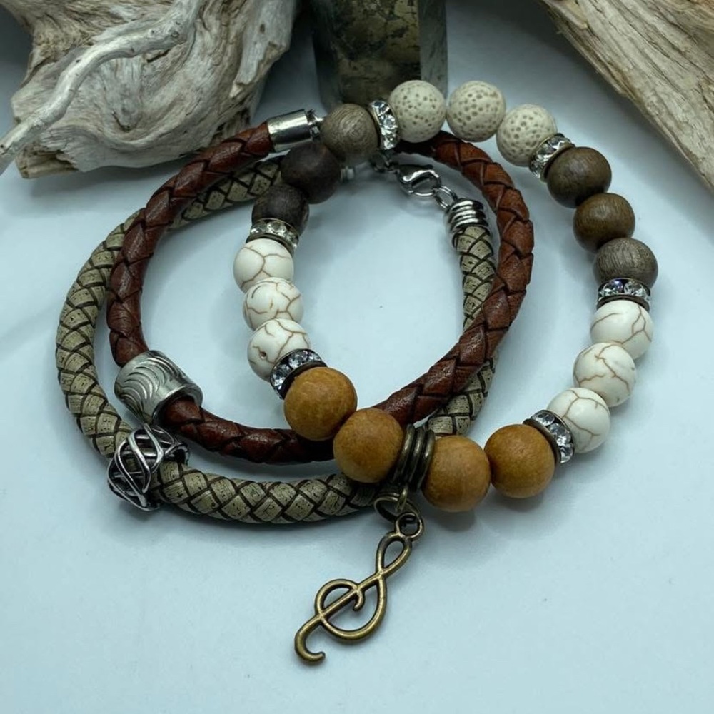 Braided Leather and Semiprecious Bead Bracelet Set